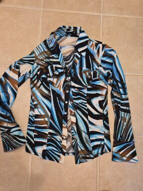 Cache Abstract Stripe Snap-Down Shirt in Blue, Black and Brown